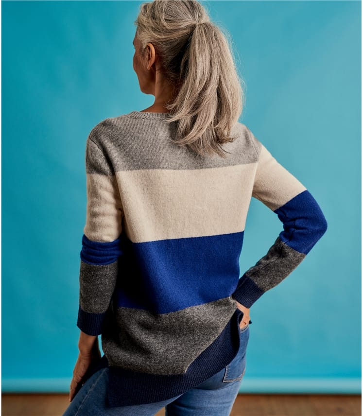 Grey/Cream/Blue | Womens Lambswool Wide Stripe Colour Block Jumper ...