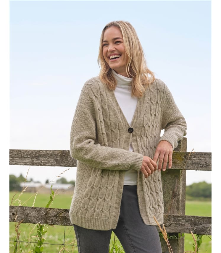 British Wool V Neck Cable Cardigan