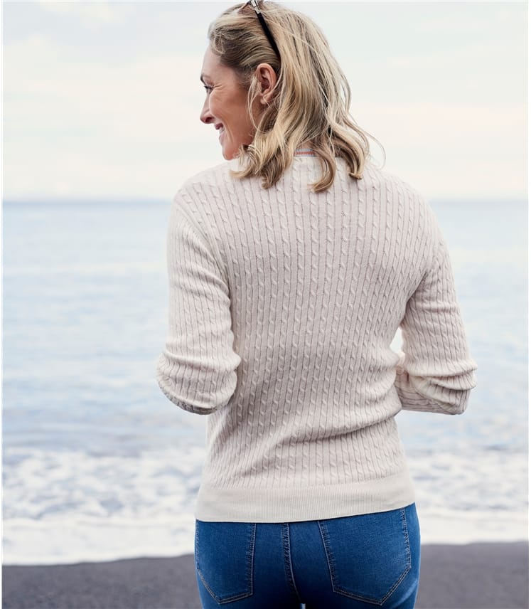 Cream Womens Cotton Cashmere Tipped V Neck Cable Cardigan WoolOvers AU