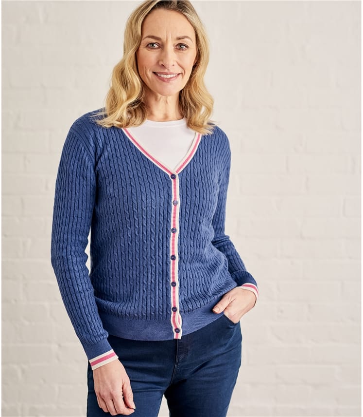 French Navy | Womens Cotton Cashmere Tipped V Neck Cable Cardigan ...