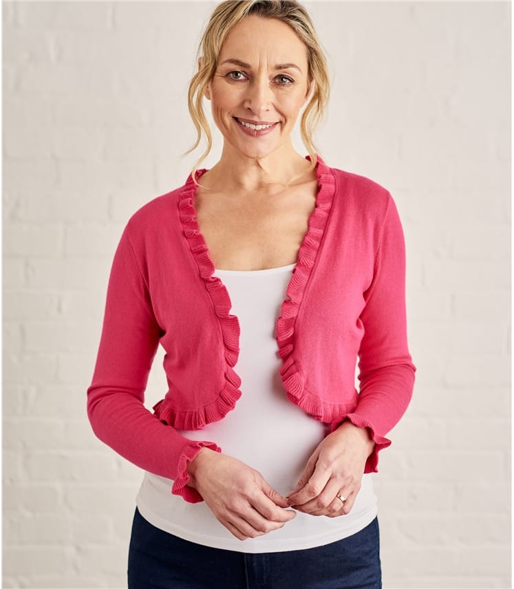 Fuchsia Pink Womens Silk Cotton Frill Edge Bolero WoolOvers UK