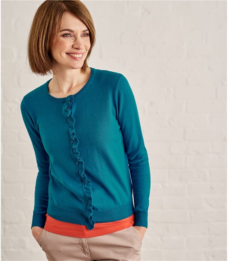 Teal Womens Silk Cotton Frill Placket Cardigan WoolOvers AU