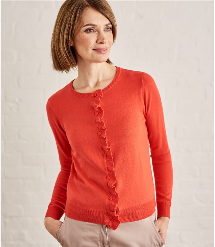 Rich Coral | Womens Silk Cotton Frill Placket Cardigan | WoolOvers AU