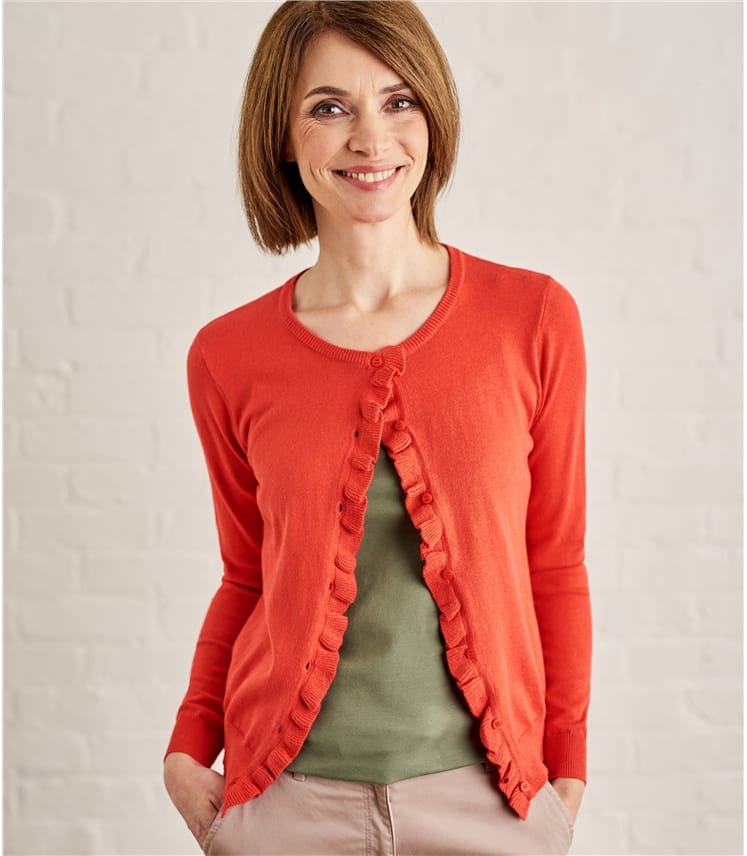 Womens Silk Cotton Frill Placket Cardigan
