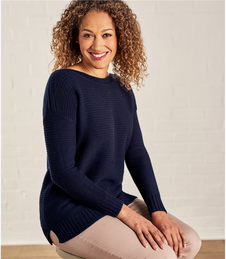 Navy | Womens Cotton Boat Neck Jumper | WoolOvers UK