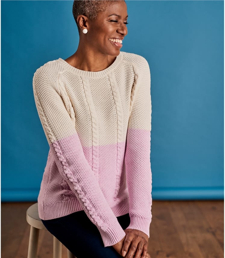 Thistle/Cream | Womens Cotton Cable Colourblock Jumper | WoolOvers UK