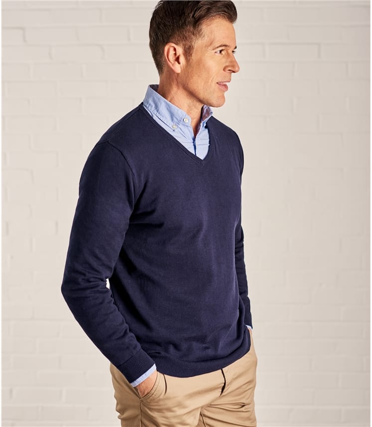 Heather | Mens Combed Cotton V Neck Sweater | WoolOvers US