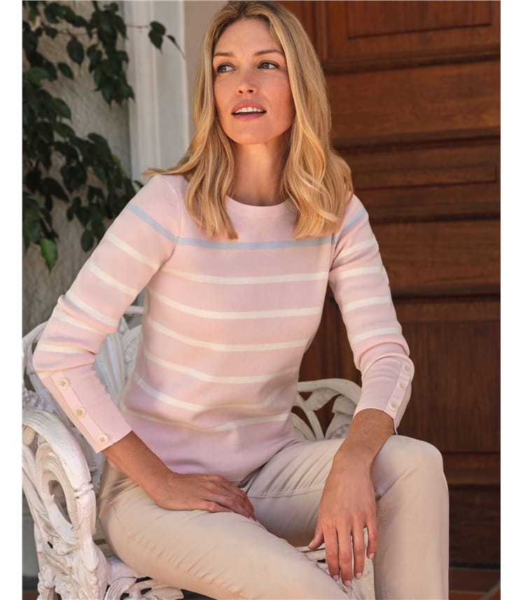 Wool Cotton Stripe Button Sleeve Sweater