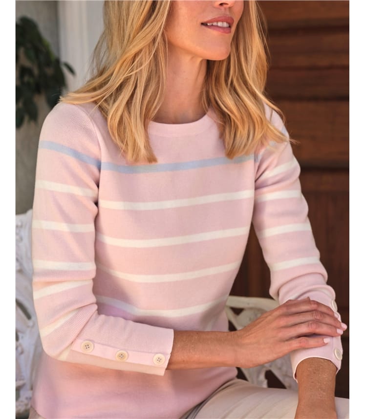 Wool Cotton Stripe Button Sleeve Sweater