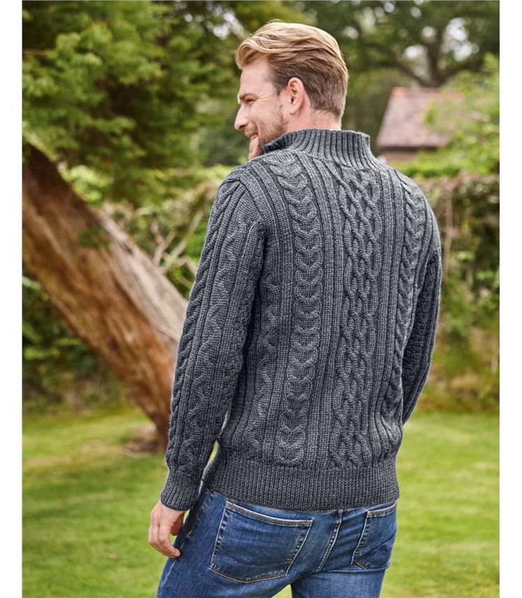 Pure Wool Knitted Aran Cable Zip Neck Jumper