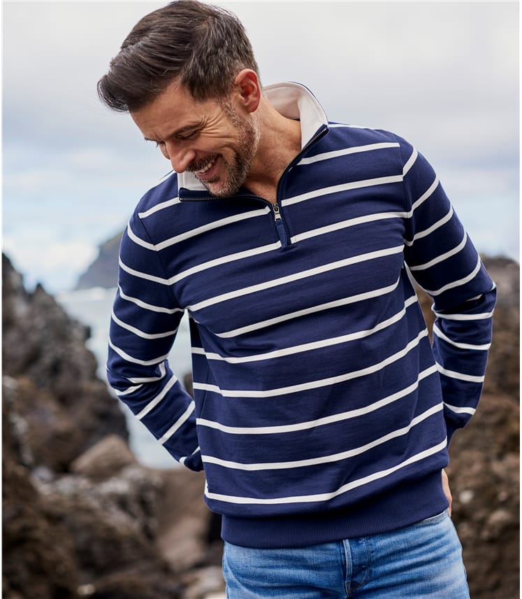 Download Navy/Cream | Mens Cotton Half Zip Sweatshirt | WoolOvers UK