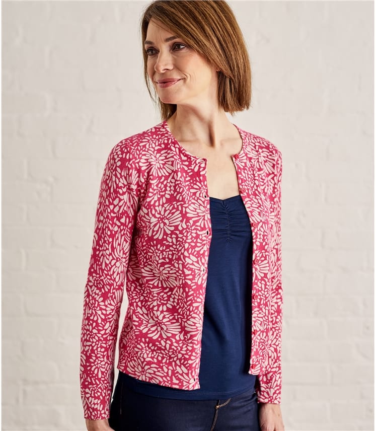 Fuchsia Pink/Cream | Womens Cotton Blend Print Cardigan | WoolOvers UK