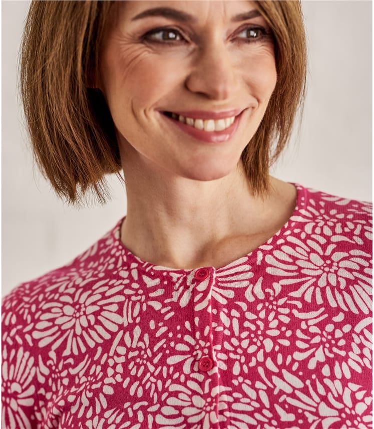 Fuchsia Pink/Cream Womens Cotton Blend Print Cardigan WoolOvers AU