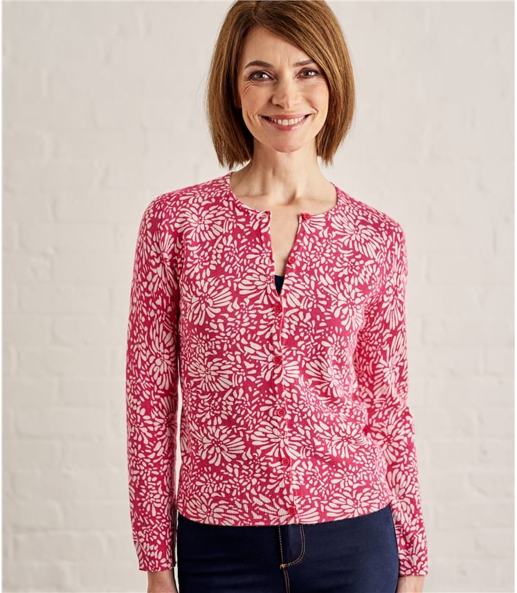 Fuchsia Pink/Cream Womens Cotton Blend Print Cardigan WoolOvers UK