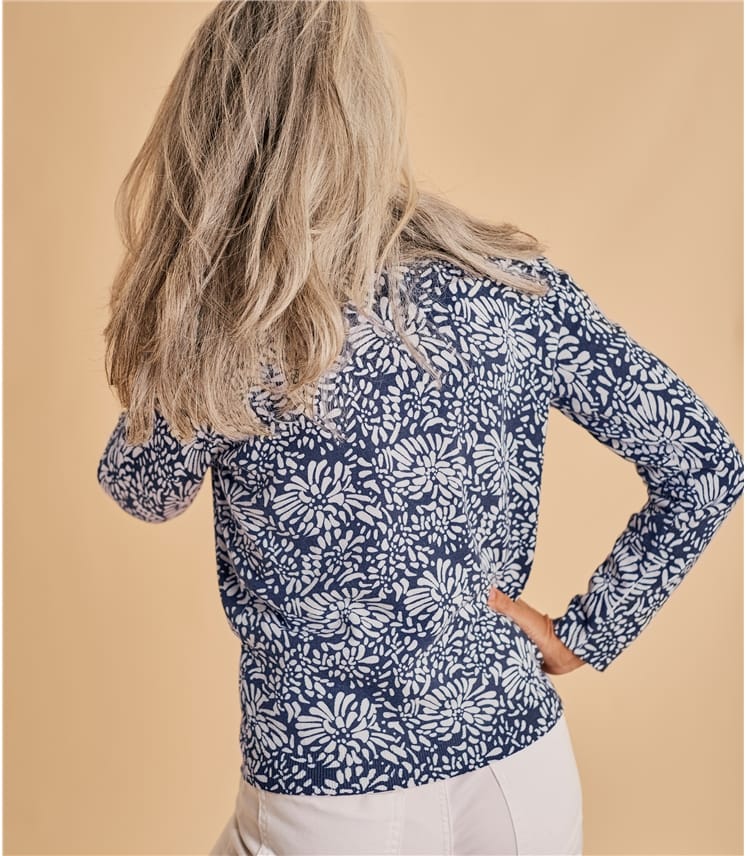 Navy/Cream Womens Cotton Blend Print Cardigan WoolOvers UK