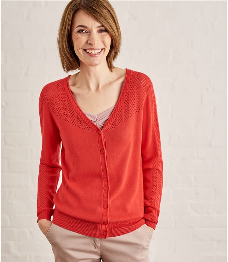 Rich Coral | Womens Cotton Blend Pointelle V Neck Cardigan | WoolOvers US