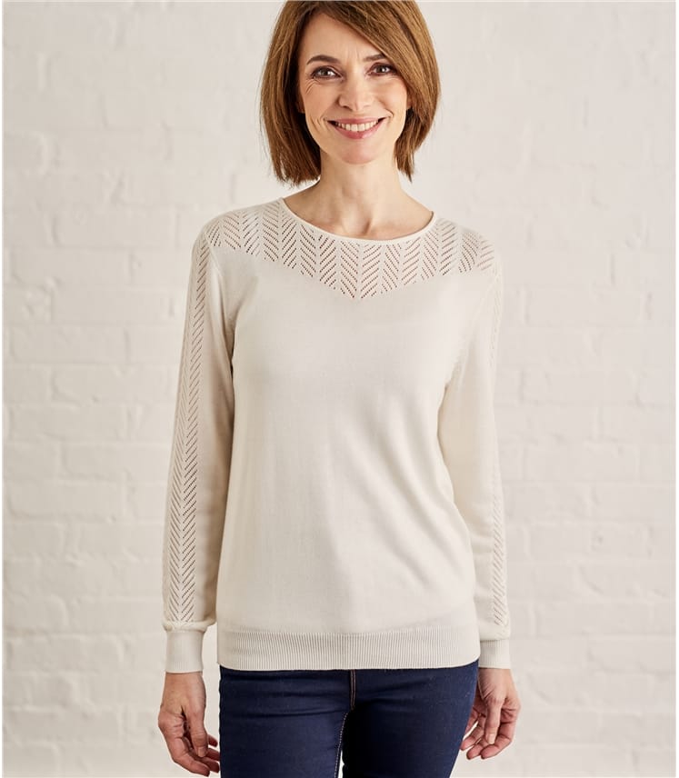 Cream Womens Cotton Blend Pointelle Panel Jumper WoolOvers UK