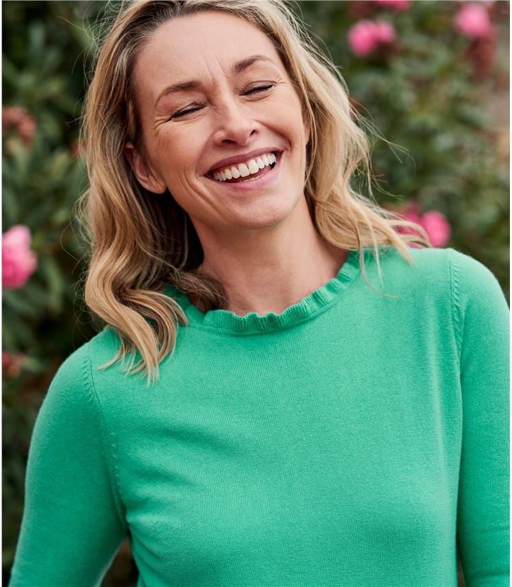 Aloe Green | Womens Frill Neck Jumper | WoolOvers UK