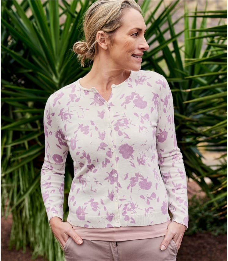 Cream/Thistle Womens Cotton Blend Print Cardigan WoolOvers US