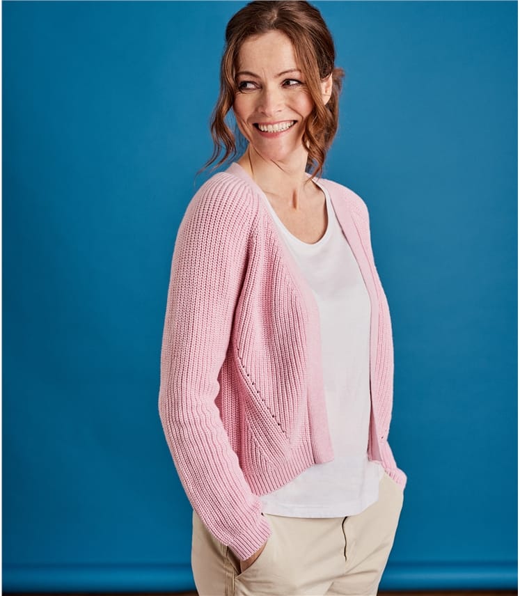 Light Pink Marl | Womens Pure Cotton Crop Edge to Edge Cardigan ...