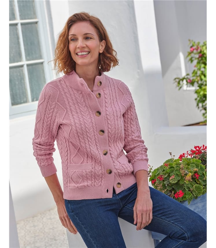 Cable Cotton Button Neck Cardigan