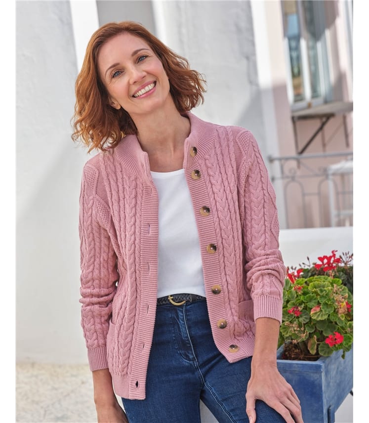 Cable Cotton Button Neck Cardigan