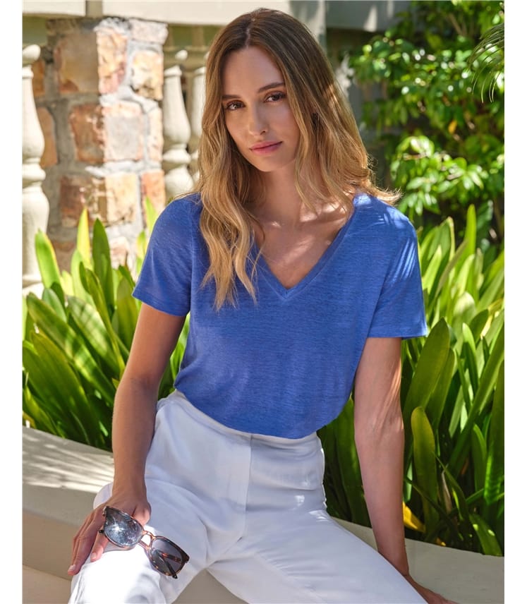 Linen V Neck Short Sleeve T-Shirt