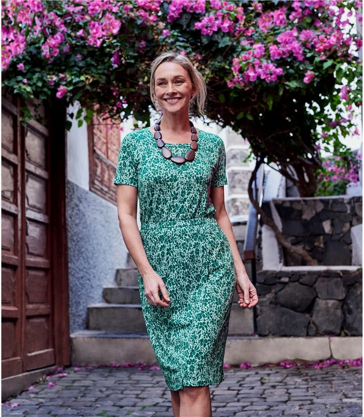 Shadow Floral Green Womens Jersey Wrap Skirt Dress WoolOvers UK