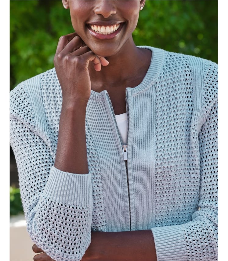 Cloud Blue | Cotton Mesh Zip Through Cardigan | WoolOvers US