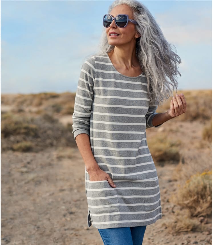 Grey Marl/White Womens Jersey Patch Pocket Tunic WoolOvers US