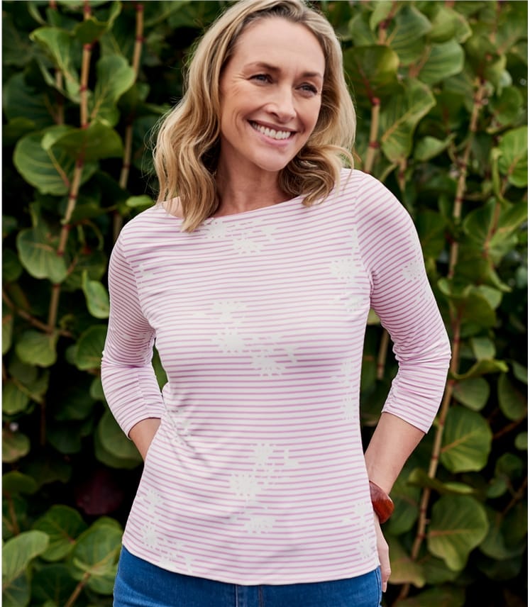 Shadow Stripe Floral Womens Jersey Boat Neck 3/4 Sleeve TShirt