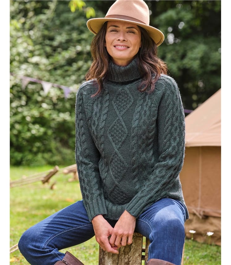 Pullover mit Aran-Zopfmuster und Rollkragen aus reiner Wolle für Damen