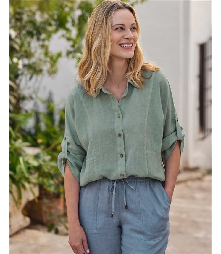Princess Seam Button Through Linen Shirt Green | WoolOvers