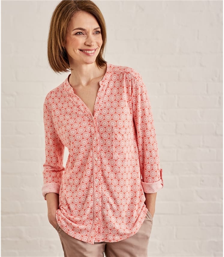 Coral Tile Print 70% Viscose 30% Linen | Womens Grandad Collar Shirt