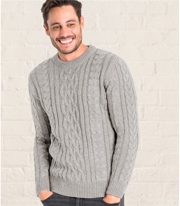 Flannel Grey Mens Pure Wool Aran Knitted Sweater Woolovers Uk