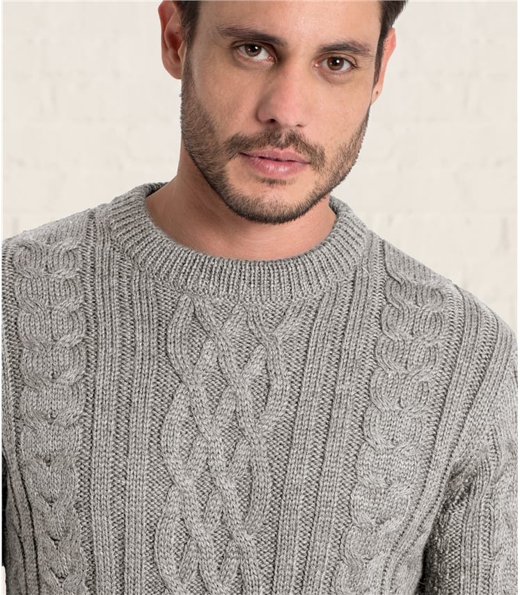 Flannel Grey | Mens Pure Wool Aran Knitted Sweater | WoolOvers UK