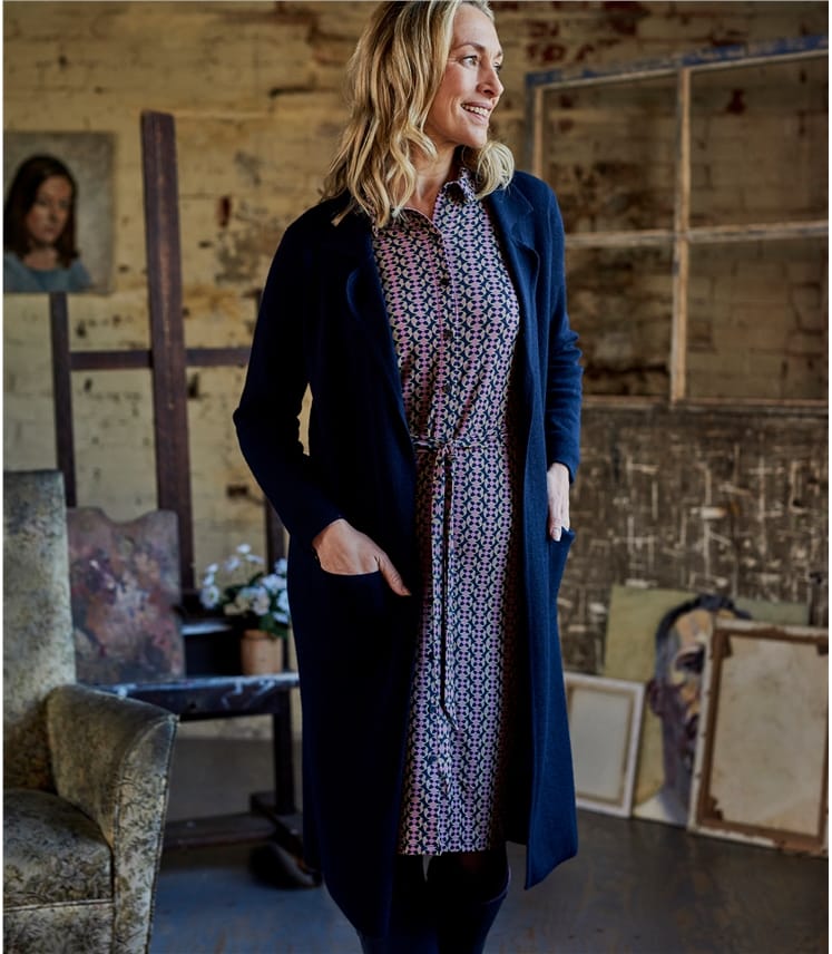Tile Print Navy Womens Jersey Shirt Dress WoolOvers UK