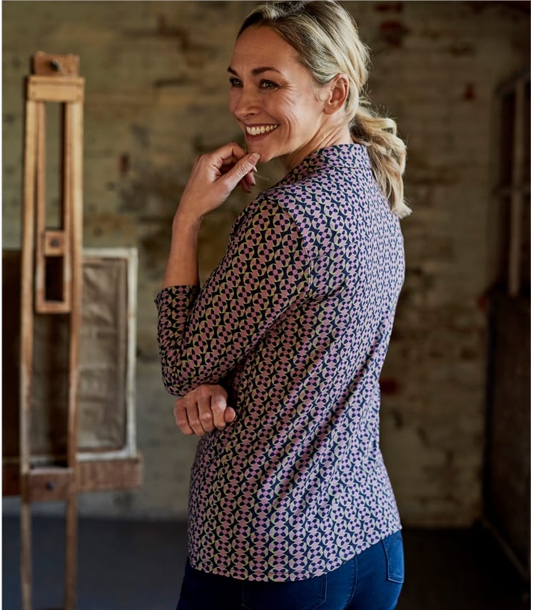 Tile Print Navy Womens Jersey Print 3/4 Sleeve Shirt WoolOvers AU