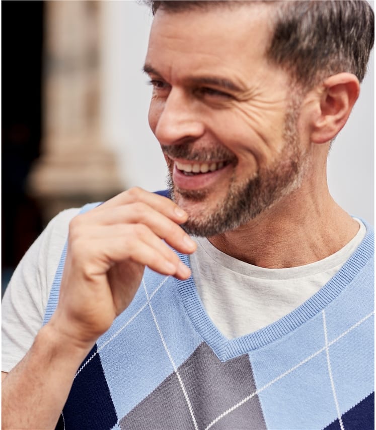 Blue/Pebble/Chalk Mens Argyle Vest WoolOvers US