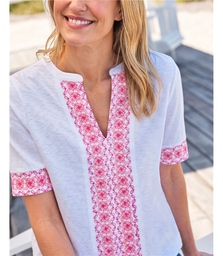 Embroidered Notch Neck Tshirt