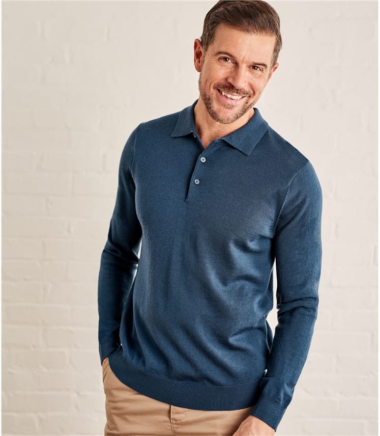 Deep Sea Blue | Mens New Merino Long Sleeve Polo Shirt | WoolOvers UK