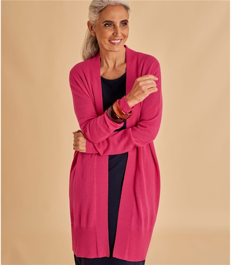 Fuchsia Pink Womens Cashmere & Merino Edge to Edge Long Cardigan