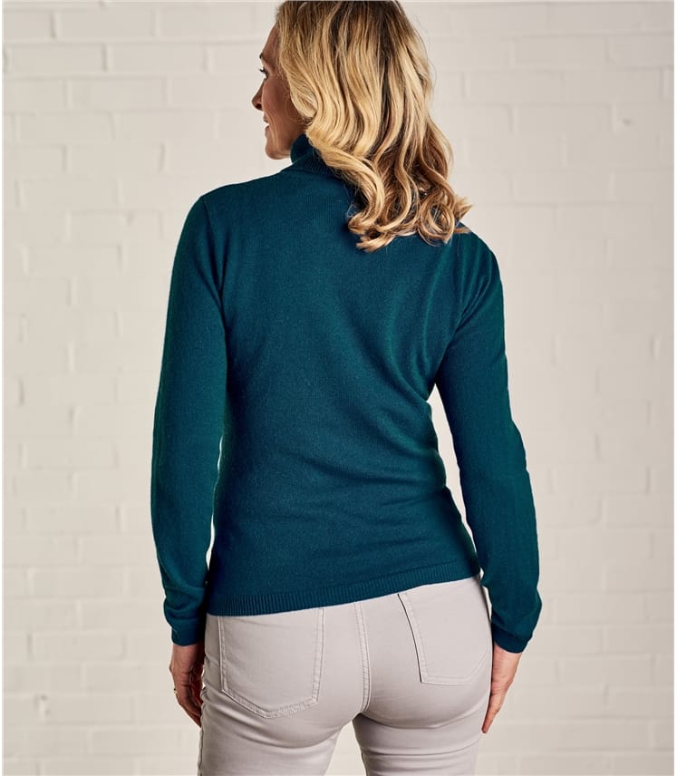 Dark Teal Womens Cashmere & Merino Fitted Polo Neck Knitted Jumper