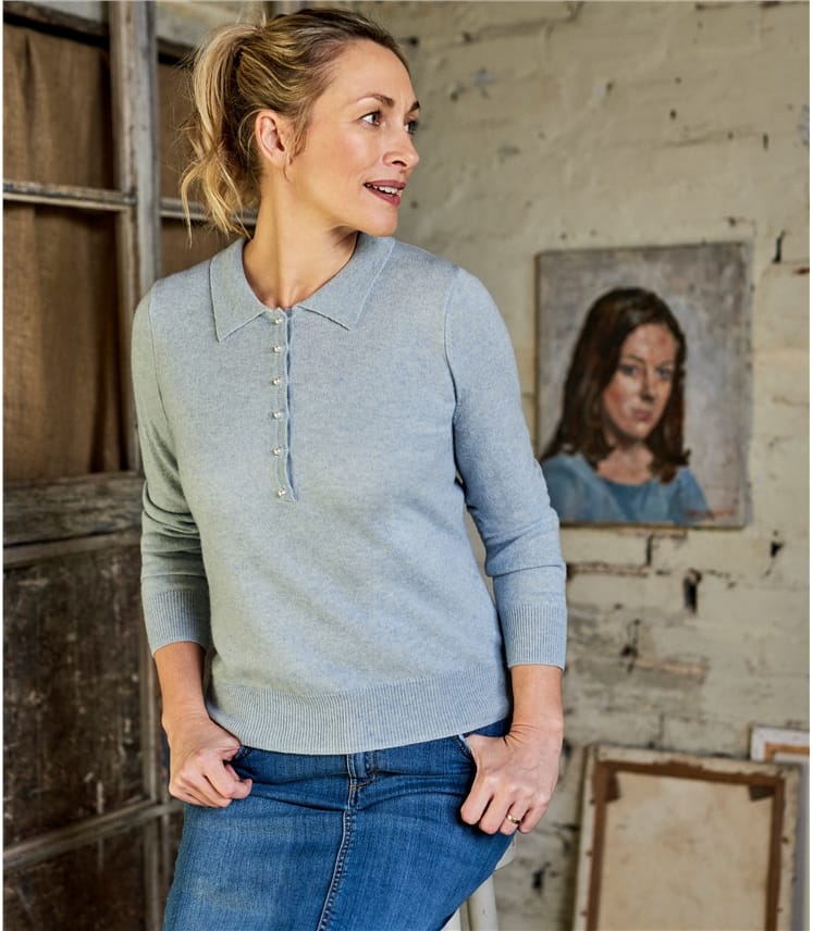 Iced Blue Marl Ladies Cashmere & Merino Knitted Polo Shirt WoolOvers AU