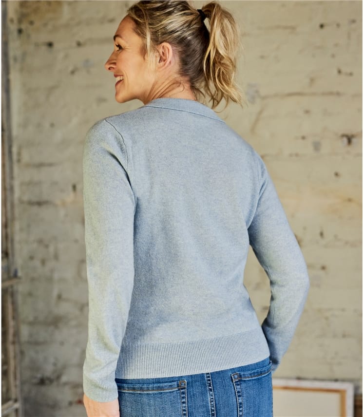 Iced Blue Marl Ladies Cashmere & Merino Knitted Polo Shirt WoolOvers US