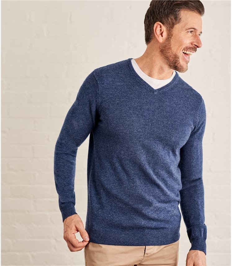 Denim Marl | Mens Cashmere & Merino V Neck Knitted Sweater | WoolOvers UK