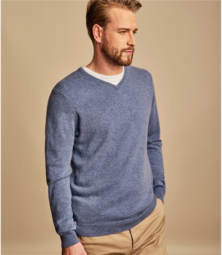 Mid Blue Marl | Mens Cashmere & Merino V Neck Knitted Sweater ...