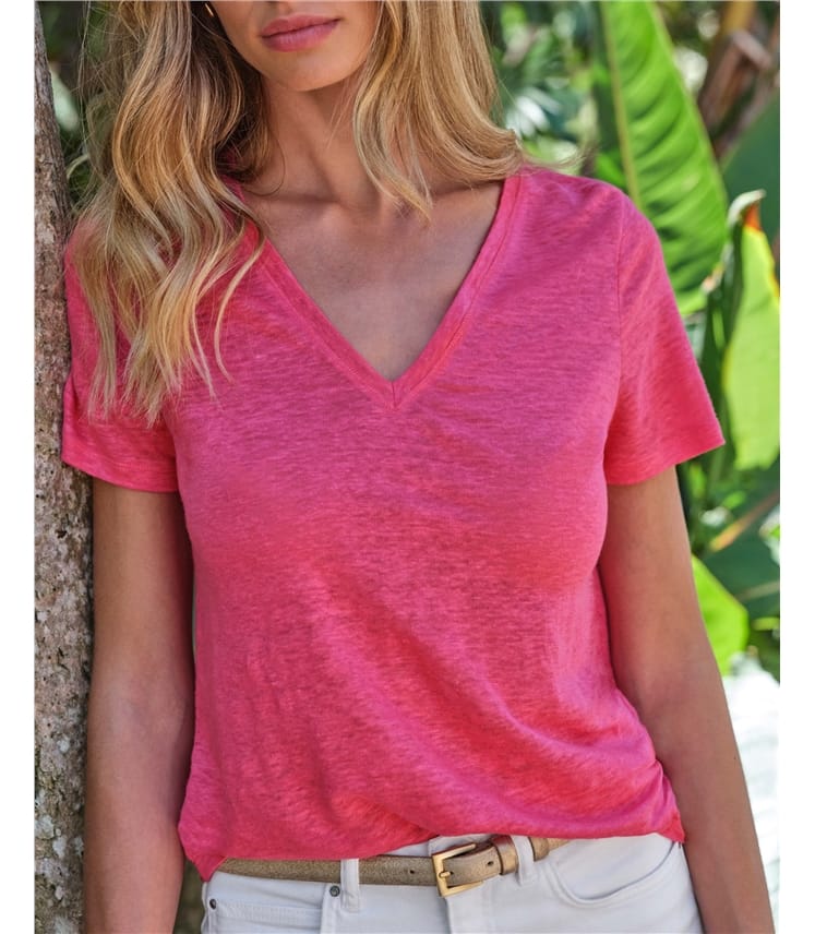 Linen V Neck Short Sleeve T-Shirt