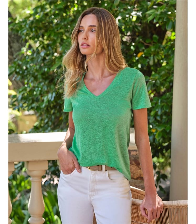 Linen V Neck Short Sleeve T-Shirt