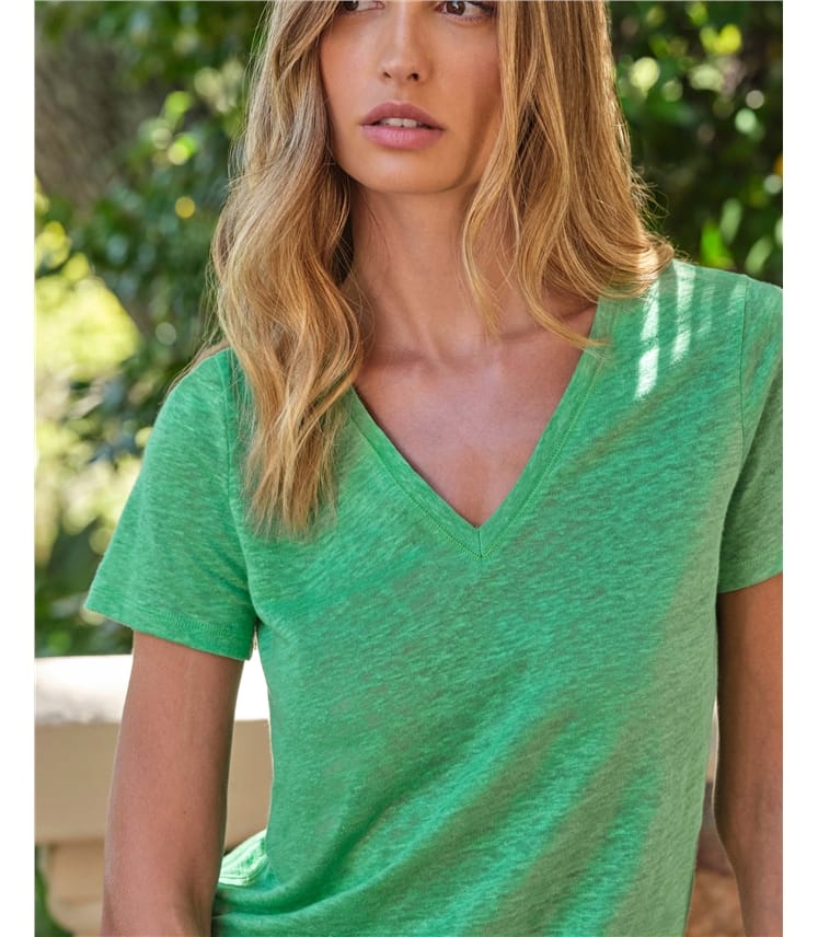 Linen V Neck Short Sleeve T-Shirt
